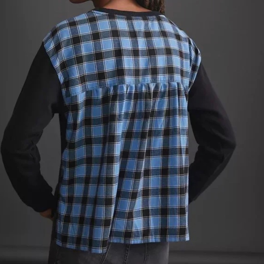 Anthropologie Pilcro High Low Long Sleeve Plaid Blue Black Pullover Sweatshirt M